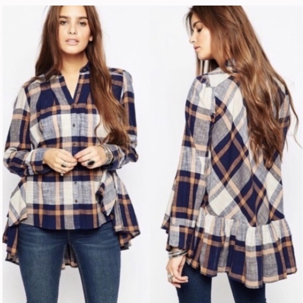 Free People Peppy Plaid Ruffle Hem Button Up Blouse Size XS